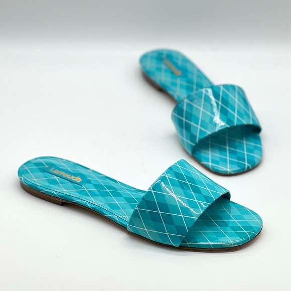 Larroude Shoes - LARROUDE Shoes Womens 7 Blue Aqua Argyle Ivy Slide Sandal Patent Leather NWOB